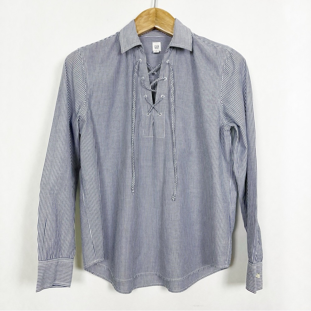 GAP Women’s Blue and White Striped Lace Up Blouse Relaxed Fit Size Medium